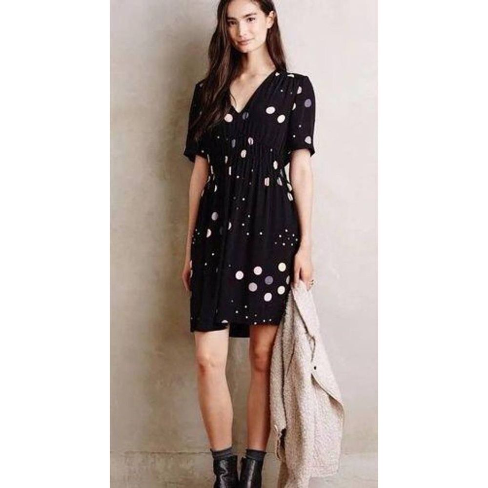 ANTHROPOLOGIE HD In Paris Black Cream Polka Dot V-Neck Mini Dress Size 0